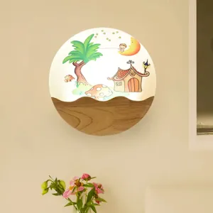 Rounded Wood House and Tree Wall Light with LED Acrylic Mural for Corridor