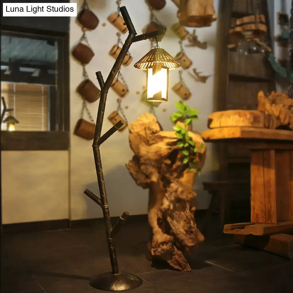Rural Metallic 1-Bulb Black Tree Design Floor Lamp with Crystal Shade - Perfect for Coffee Shops