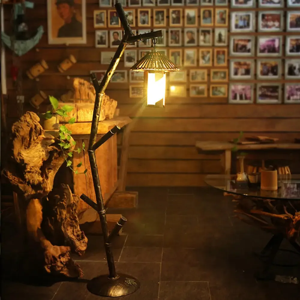 Rural Metallic 1-Bulb Black Tree Design Floor Lamp with Crystal Shade - Perfect for Coffee Shops