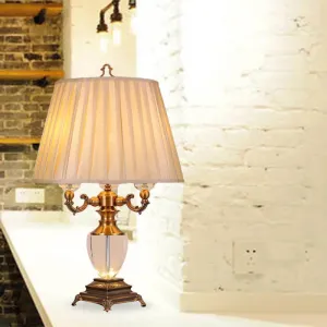 Rustic Elegance: Beige Pleated Shade Table Lamp with Crystal Accent - Perfect for the Bedroom