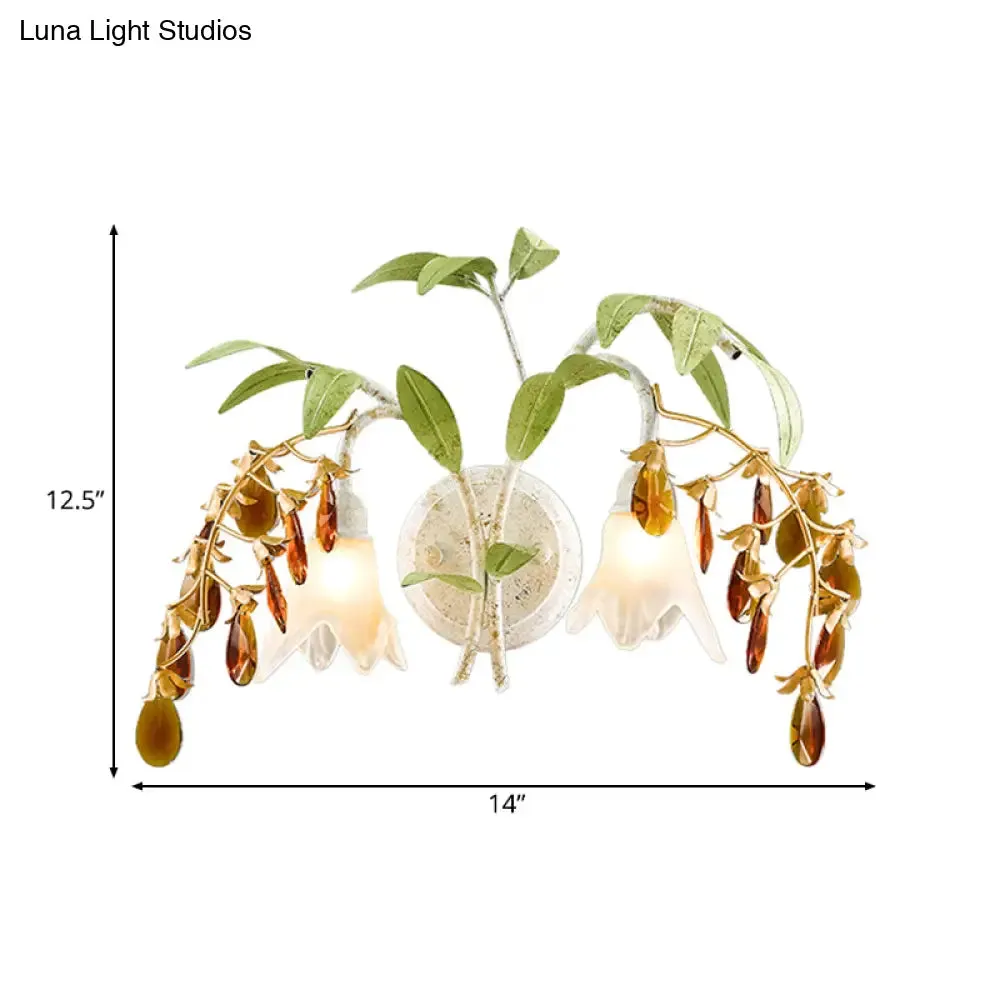 Rustic White Glass Wall Lamp with 2 Lights and Amber Crystal Accent - Flower Living Room Sconce Light