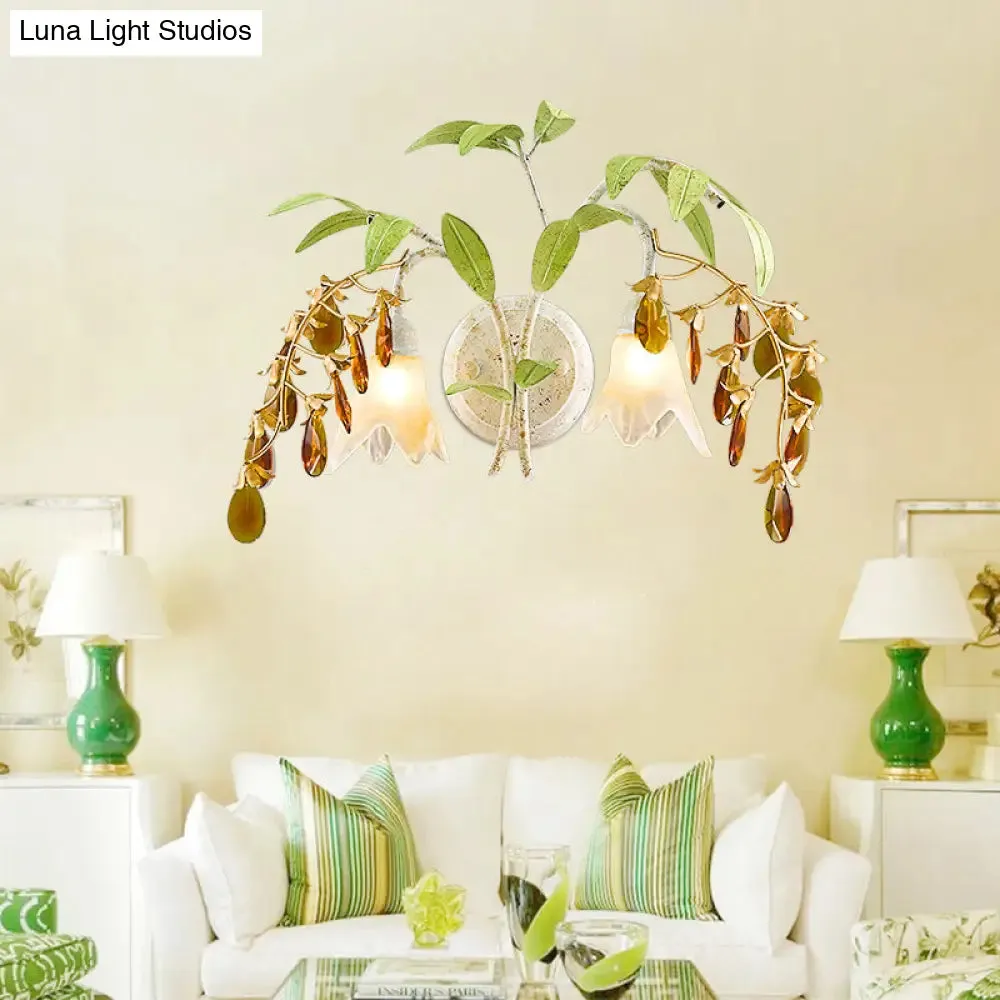 Rustic White Glass Wall Lamp with 2 Lights and Amber Crystal Accent - Flower Living Room Sconce Light