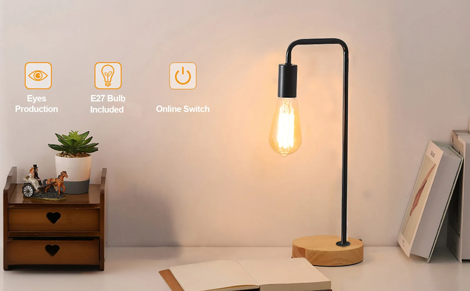 SEABROOK Nordic Style Stylish Table lamp with wood Base E27 Black White