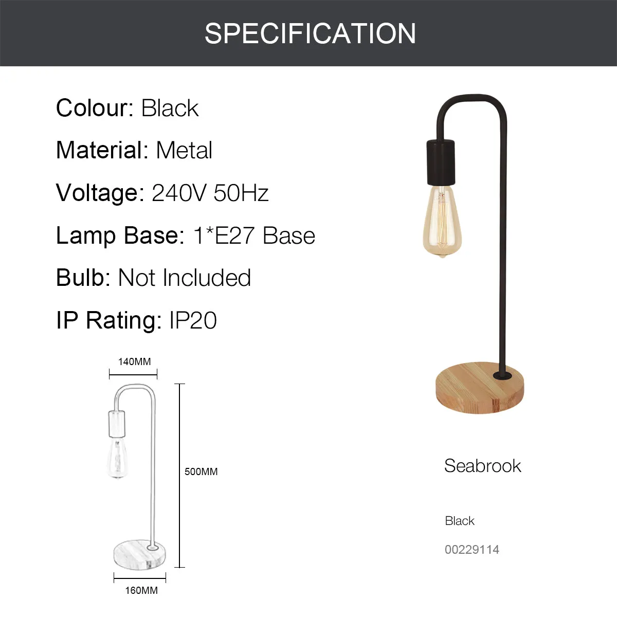 SEABROOK Nordic Style Stylish Table lamp with wood Base E27 Black White