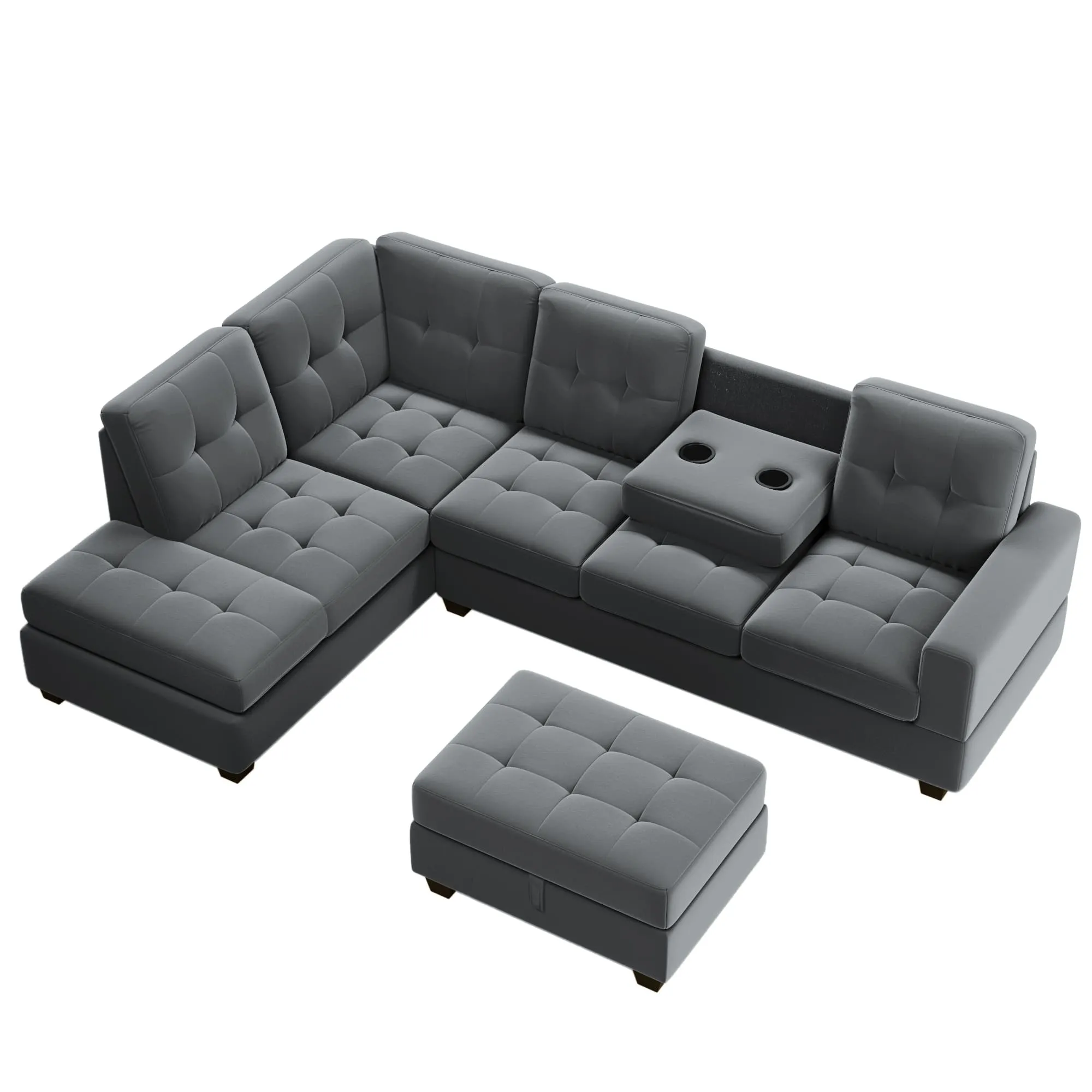Sectional Sofa with Reversible Chaise Lounge L-Shaped Couch with Storage Ottoman and Cup Holders (Dark Grey)