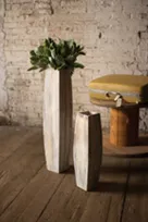 Set Of Two White-Washed Tall Oblong Wooden Vases