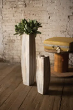 Set Of Two White-Washed Tall Oblong Wooden Vases