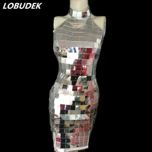 Silvery Sequins Skinny Reflective Mirrors Sleeveless Dress One Piece Female Modern Dance Singer Nightclub Concert Stage Costumes