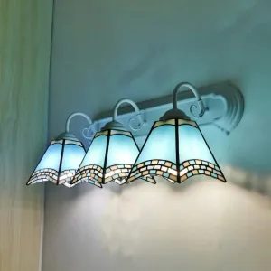 Sky Blue/Blue/Yellow Geometric Stained Glass Wall Lamp - Tiffany Style Sconce Lighting for Bathroom (3 Lights)