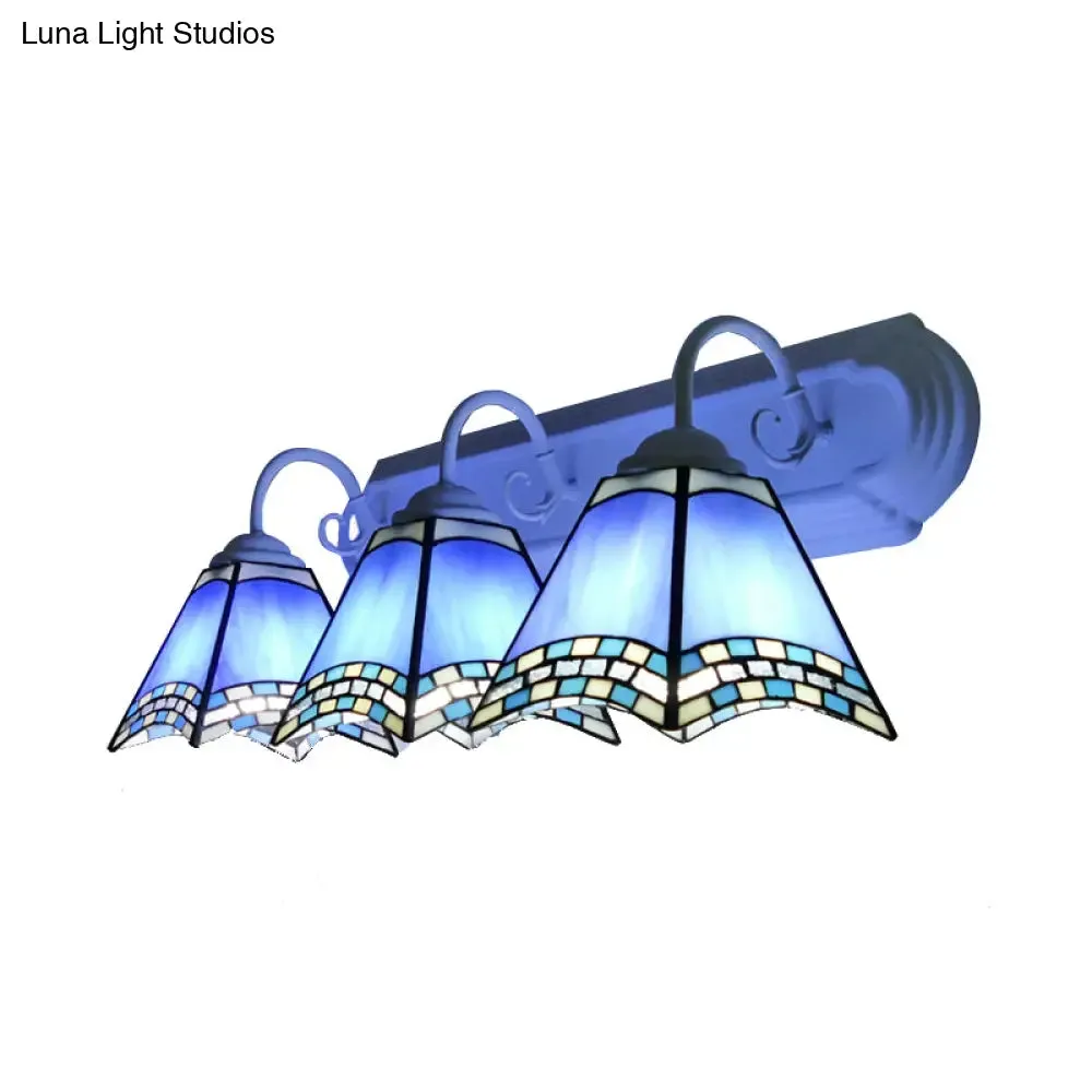 Sky Blue/Blue/Yellow Geometric Stained Glass Wall Lamp - Tiffany Style Sconce Lighting for Bathroom (3 Lights)