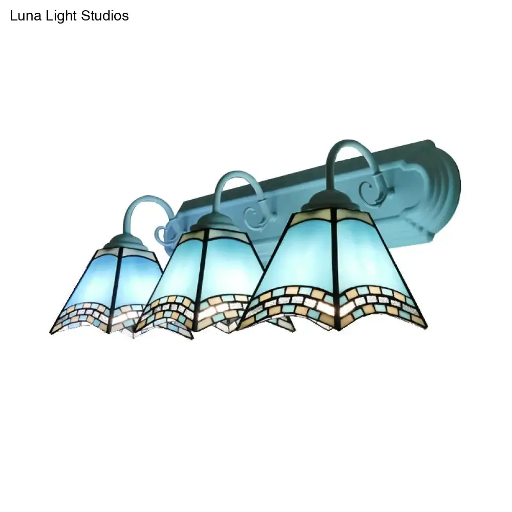 Sky Blue/Blue/Yellow Geometric Stained Glass Wall Lamp - Tiffany Style Sconce Lighting for Bathroom (3 Lights)