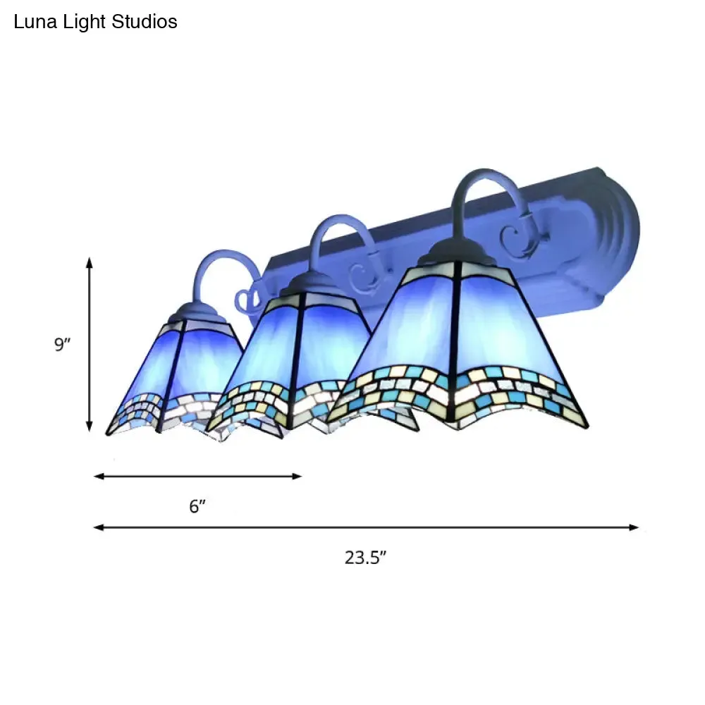 Sky Blue/Blue/Yellow Geometric Stained Glass Wall Lamp - Tiffany Style Sconce Lighting for Bathroom (3 Lights)