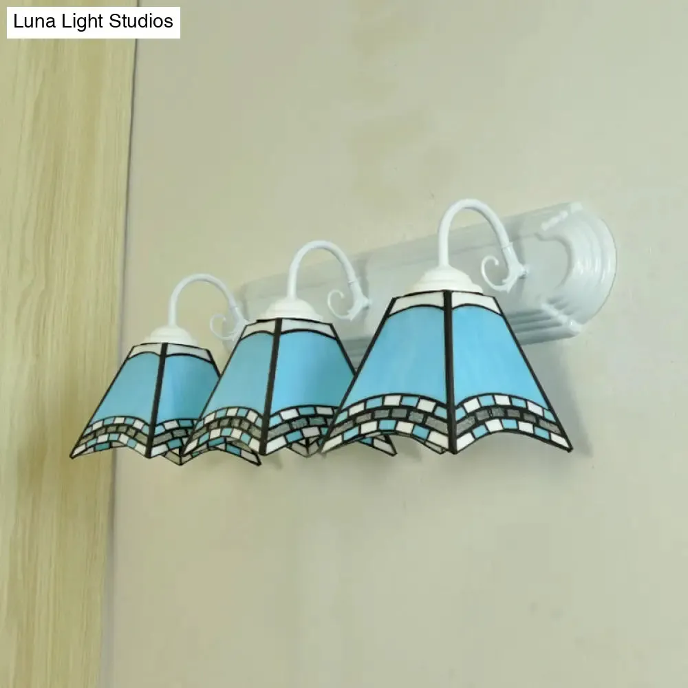 Sky Blue/Blue/Yellow Geometric Stained Glass Wall Lamp - Tiffany Style Sconce Lighting for Bathroom (3 Lights)