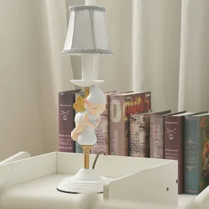 Small Elf Base Bedside Desk Light for Kids with White and Gold Empire Shade