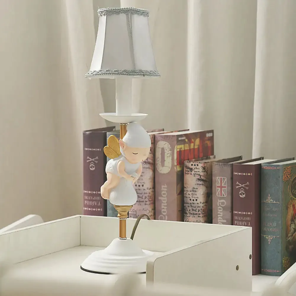 Small Elf Base Bedside Desk Light for Kids with White and Gold Empire Shade