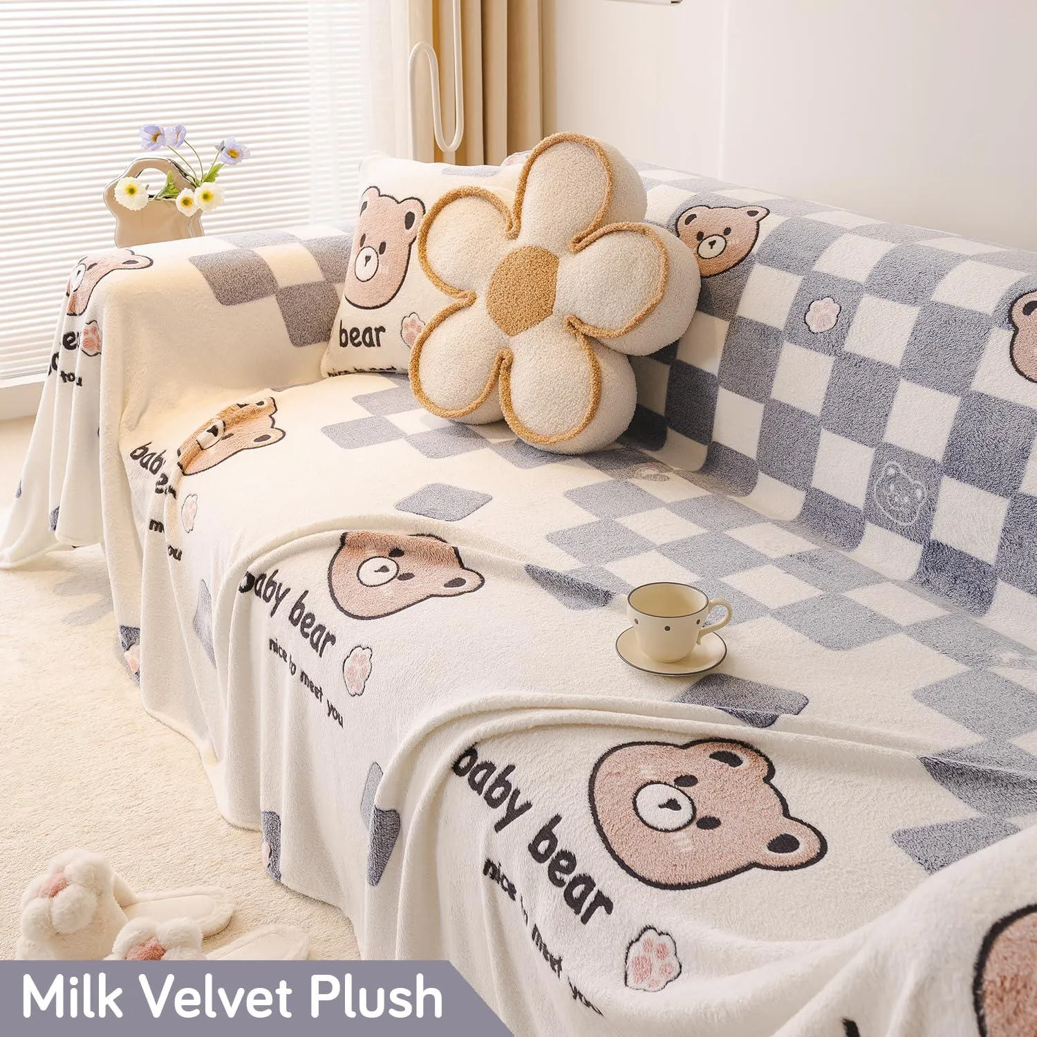 Soft and Cozy Fully Covered Velvet Plush Sofa Throw for 1/2/3-Seater, Baby Bear