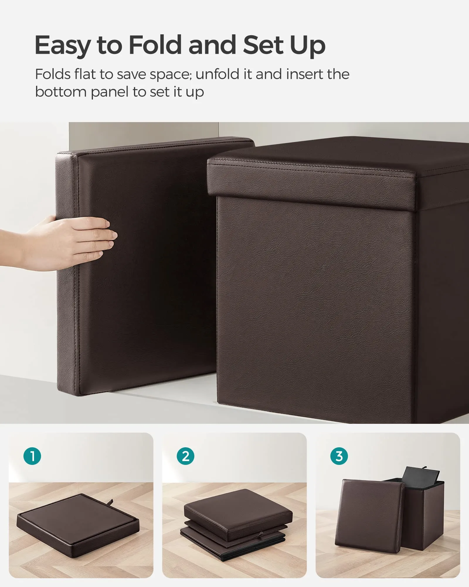 SONGMICS 15" x 15" x 15" Storage Ottoman Cube/Footrest Stool/Coffee Table/Puppy Step, Holds Up to 660lbs, Faux Leather,Brown ULSF10B, 15-inch