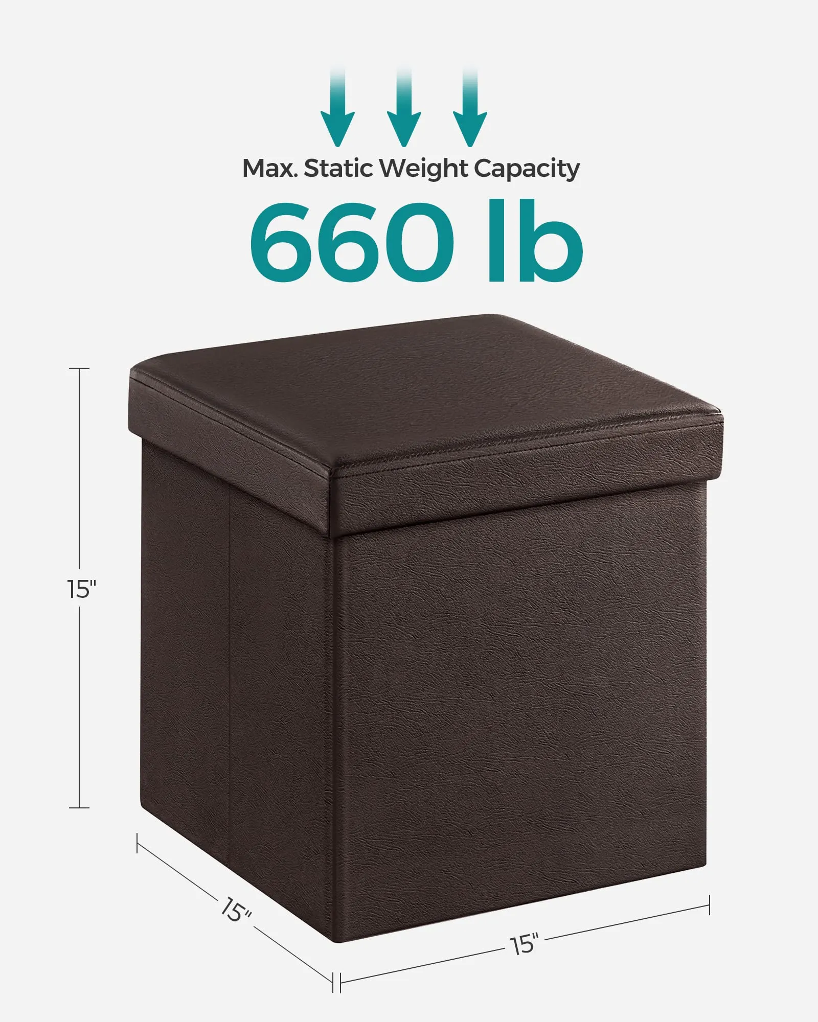 SONGMICS 15" x 15" x 15" Storage Ottoman Cube/Footrest Stool/Coffee Table/Puppy Step, Holds Up to 660lbs, Faux Leather,Brown ULSF10B, 15-inch