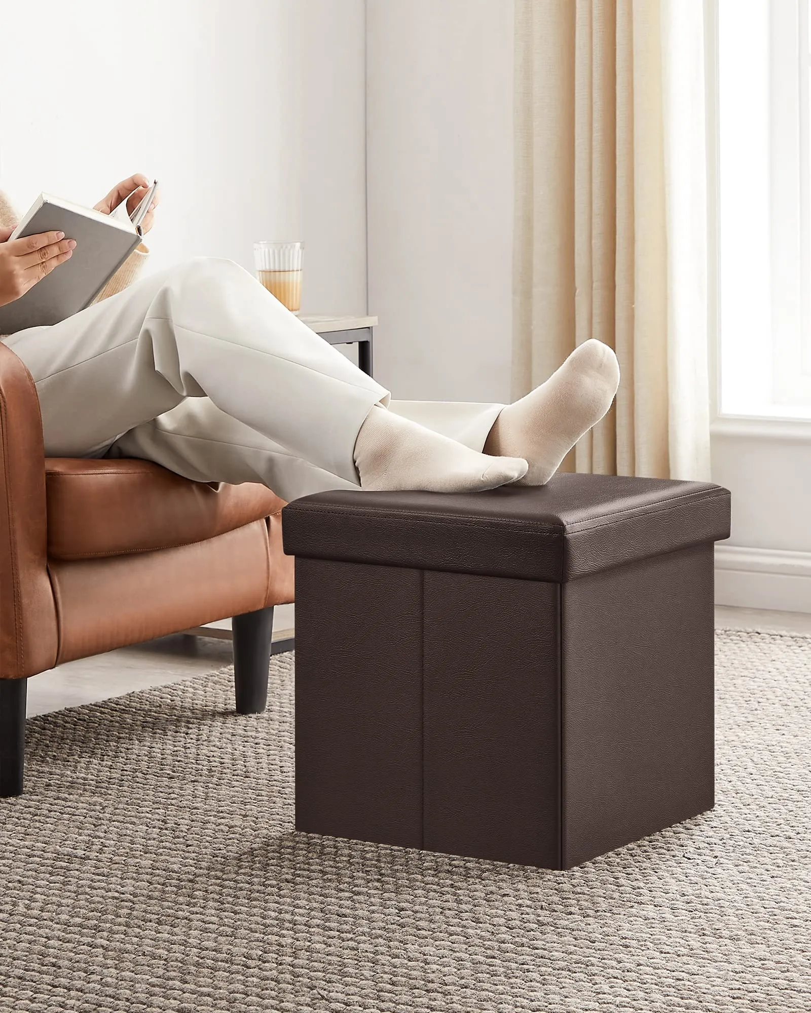 SONGMICS 15" x 15" x 15" Storage Ottoman Cube/Footrest Stool/Coffee Table/Puppy Step, Holds Up to 660lbs, Faux Leather,Brown ULSF10B, 15-inch