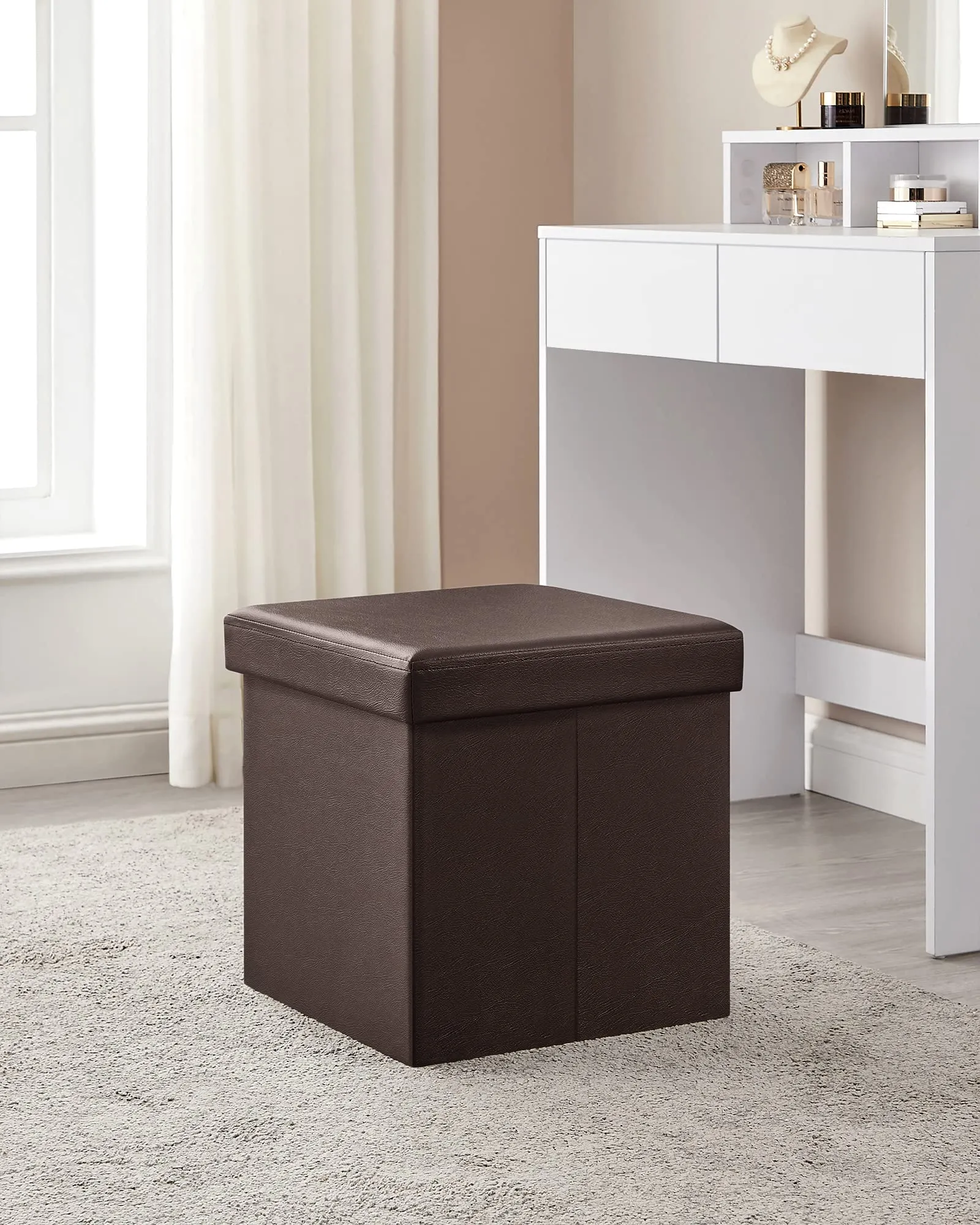 SONGMICS 15" x 15" x 15" Storage Ottoman Cube/Footrest Stool/Coffee Table/Puppy Step, Holds Up to 660lbs, Faux Leather,Brown ULSF10B, 15-inch