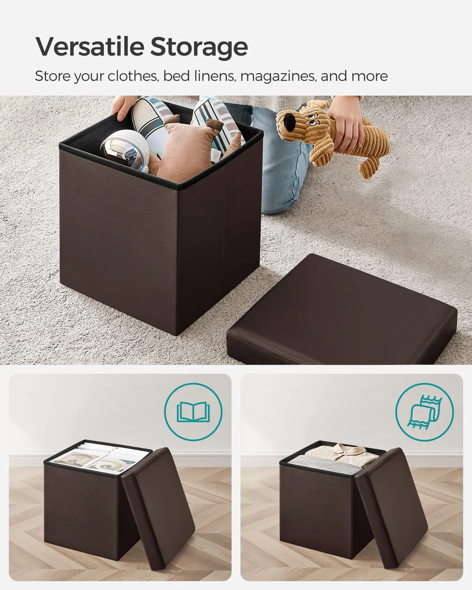 SONGMICS 15" x 15" x 15" Storage Ottoman Cube/Footrest Stool/Coffee Table/Puppy Step, Holds Up to 660lbs, Faux Leather,Brown ULSF10B, 15-inch