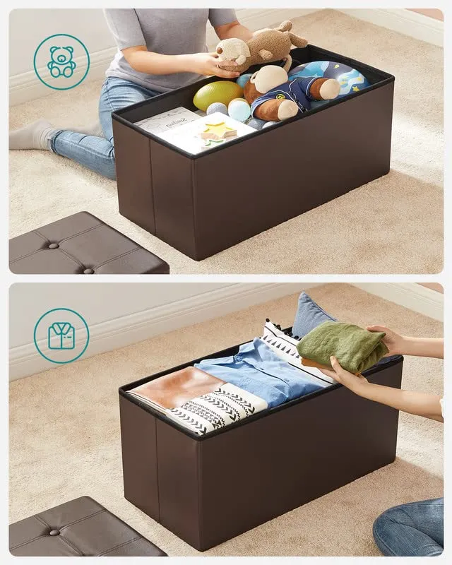 SONGMICS 30 Inches Folding Storage Ottoman Bench, Storage Chest, Footrest, Coffee Table, Padded Seat, Faux Leather, Holds up to 660 lb, Brown ULSF40Z