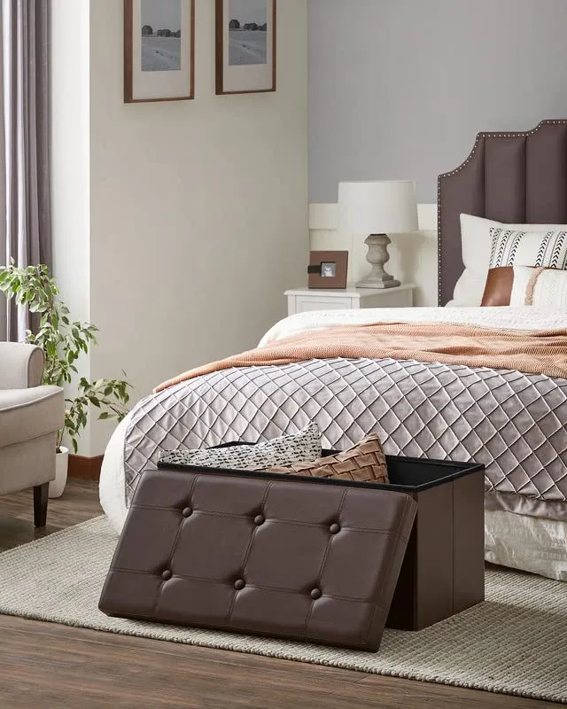 SONGMICS 30 Inches Folding Storage Ottoman Bench, Storage Chest, Footrest, Coffee Table, Padded Seat, Faux Leather, Holds up to 660 lb, Brown ULSF40Z