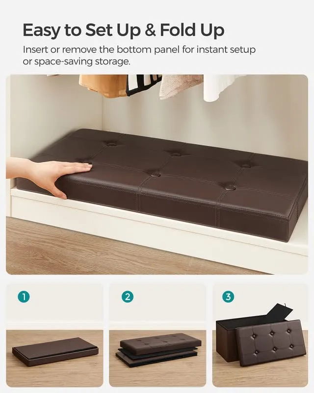 SONGMICS 30 Inches Folding Storage Ottoman Bench, Storage Chest, Footrest, Coffee Table, Padded Seat, Faux Leather, Holds up to 660 lb, Brown ULSF40Z