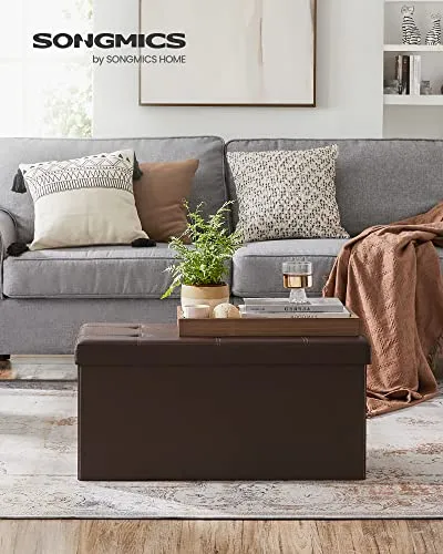 SONGMICS 30 Inches Folding Storage Ottoman Bench, Storage Chest, Footrest, Coffee Table, Padded Seat, Faux Leather, Holds up to 660 lb, Brown ULSF40Z