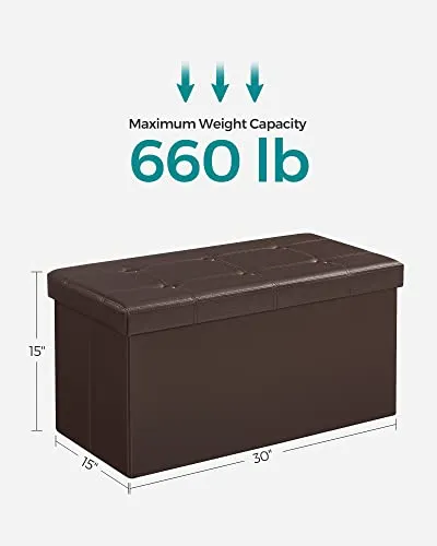 SONGMICS 30 Inches Folding Storage Ottoman Bench, Storage Chest, Footrest, Coffee Table, Padded Seat, Faux Leather, Holds up to 660 lb, Brown ULSF40Z