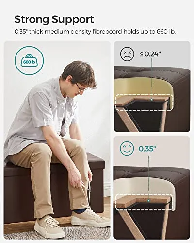 SONGMICS 30 Inches Folding Storage Ottoman Bench, Storage Chest, Footrest, Coffee Table, Padded Seat, Faux Leather, Holds up to 660 lb, Brown ULSF40Z