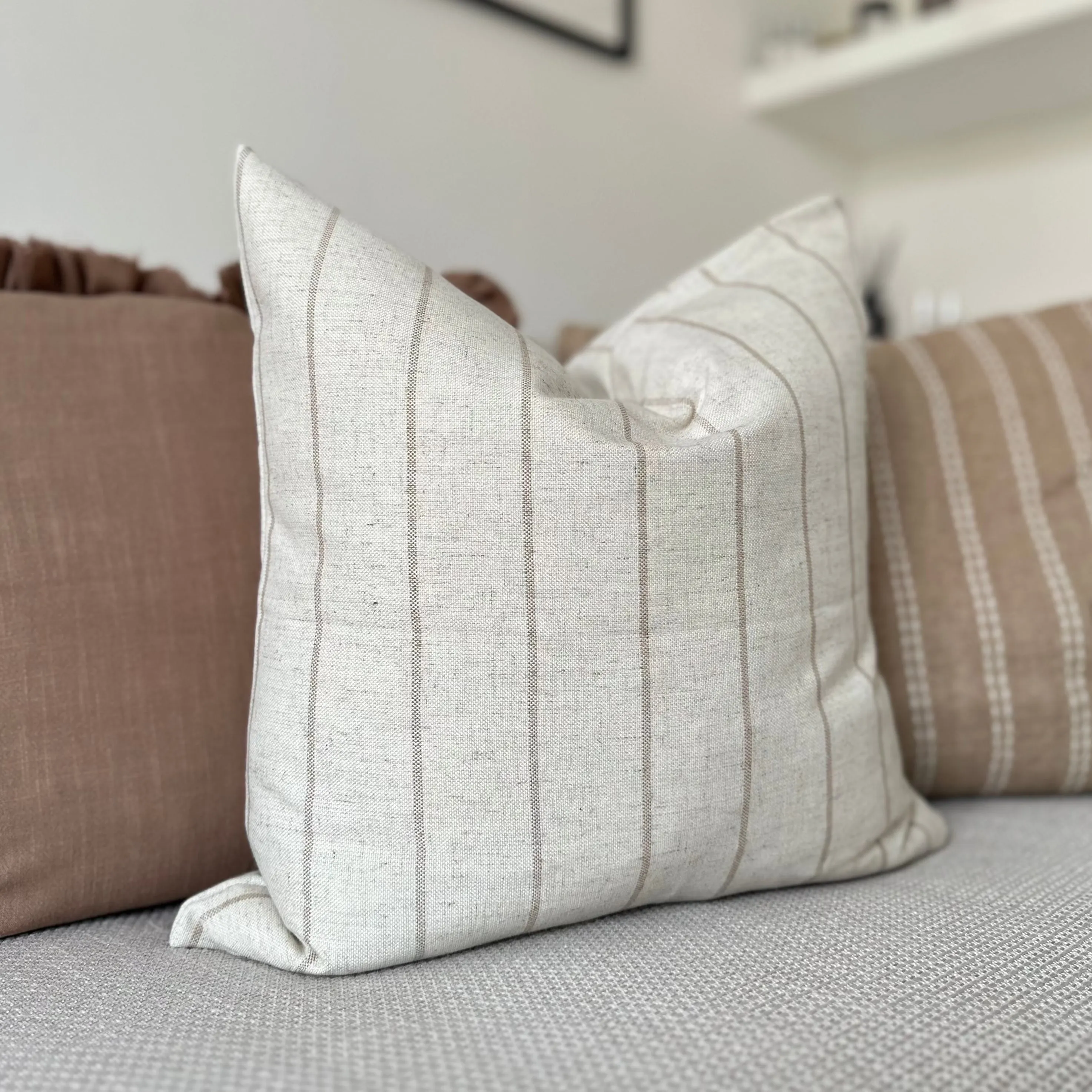 SQUARE NATURAL STONE AND BEIGE STRIPED LINEN CUSHION