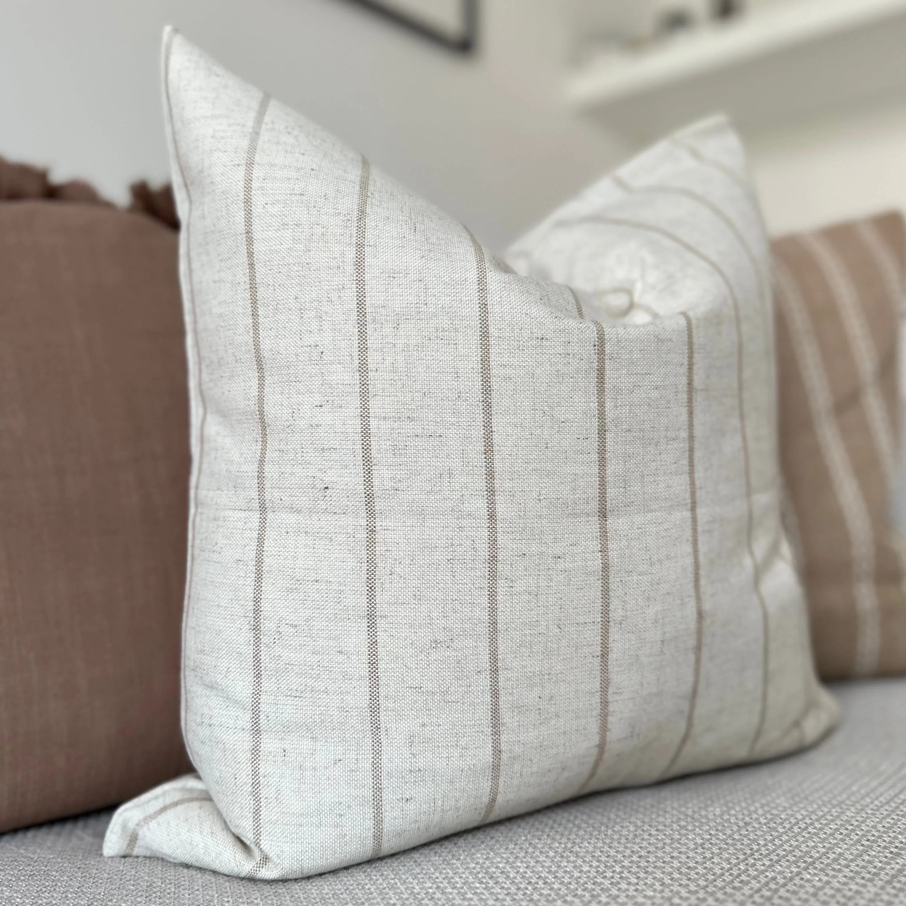 SQUARE NATURAL STONE AND BEIGE STRIPED LINEN CUSHION
