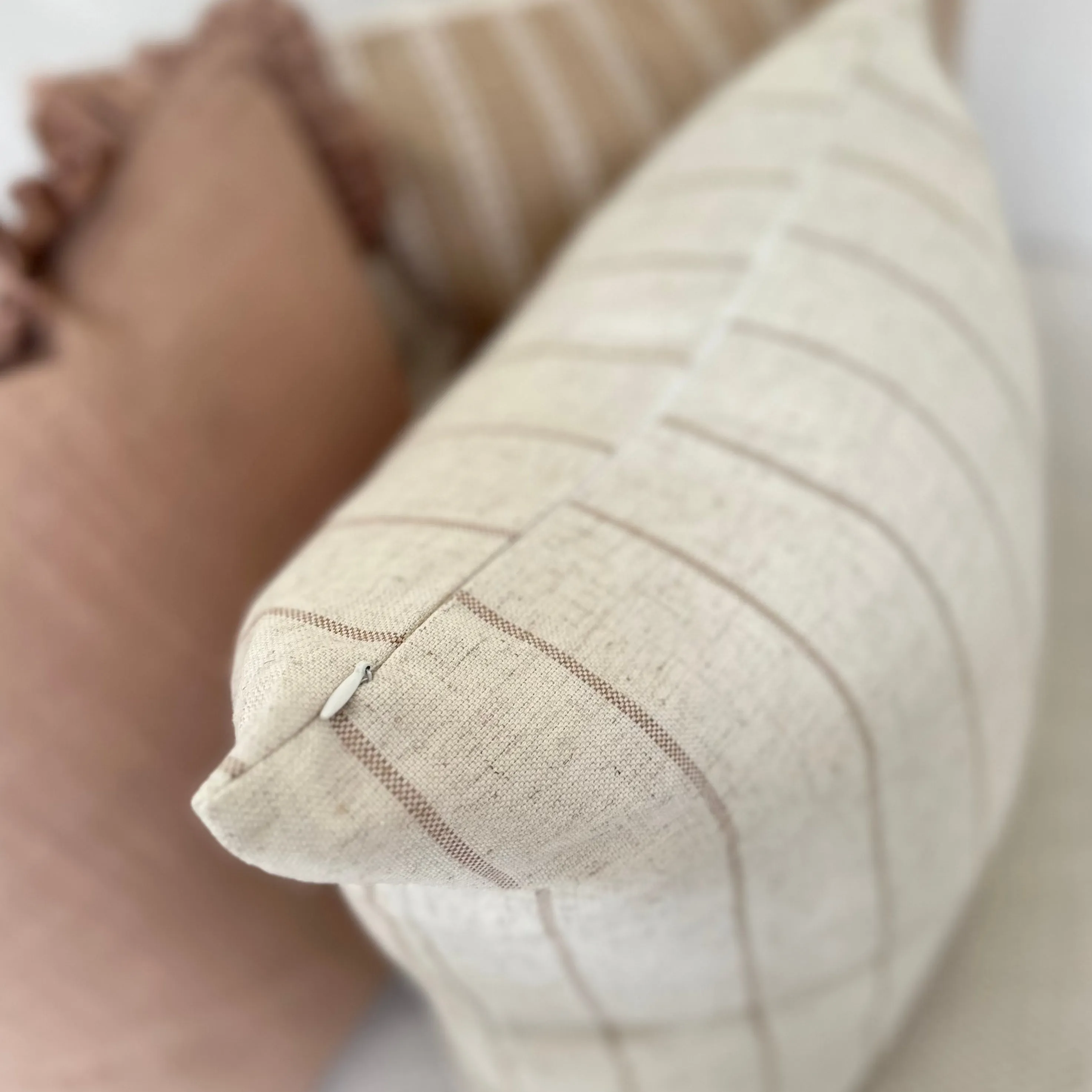 SQUARE NATURAL STONE AND BEIGE STRIPED LINEN CUSHION
