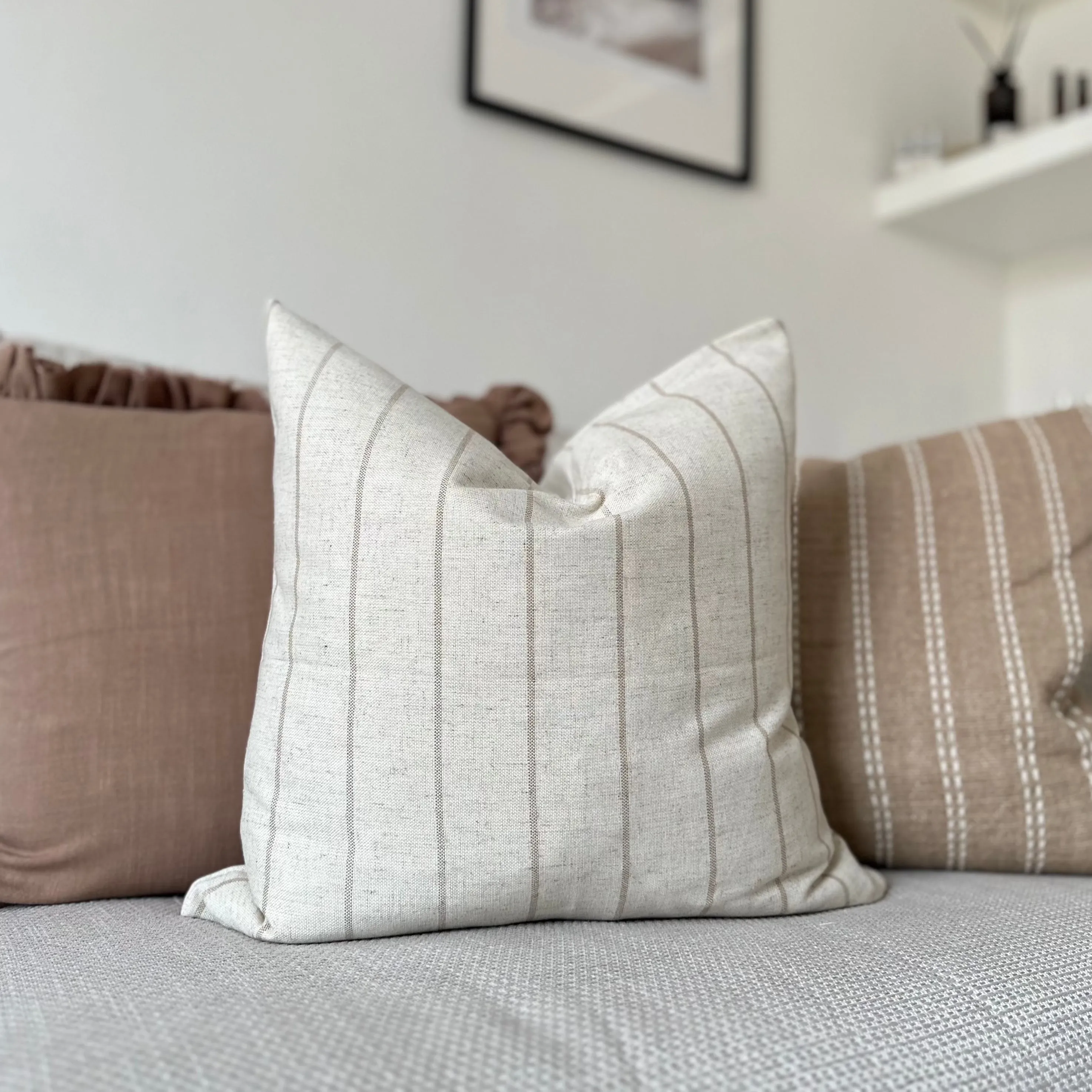 SQUARE NATURAL STONE AND BEIGE STRIPED LINEN CUSHION