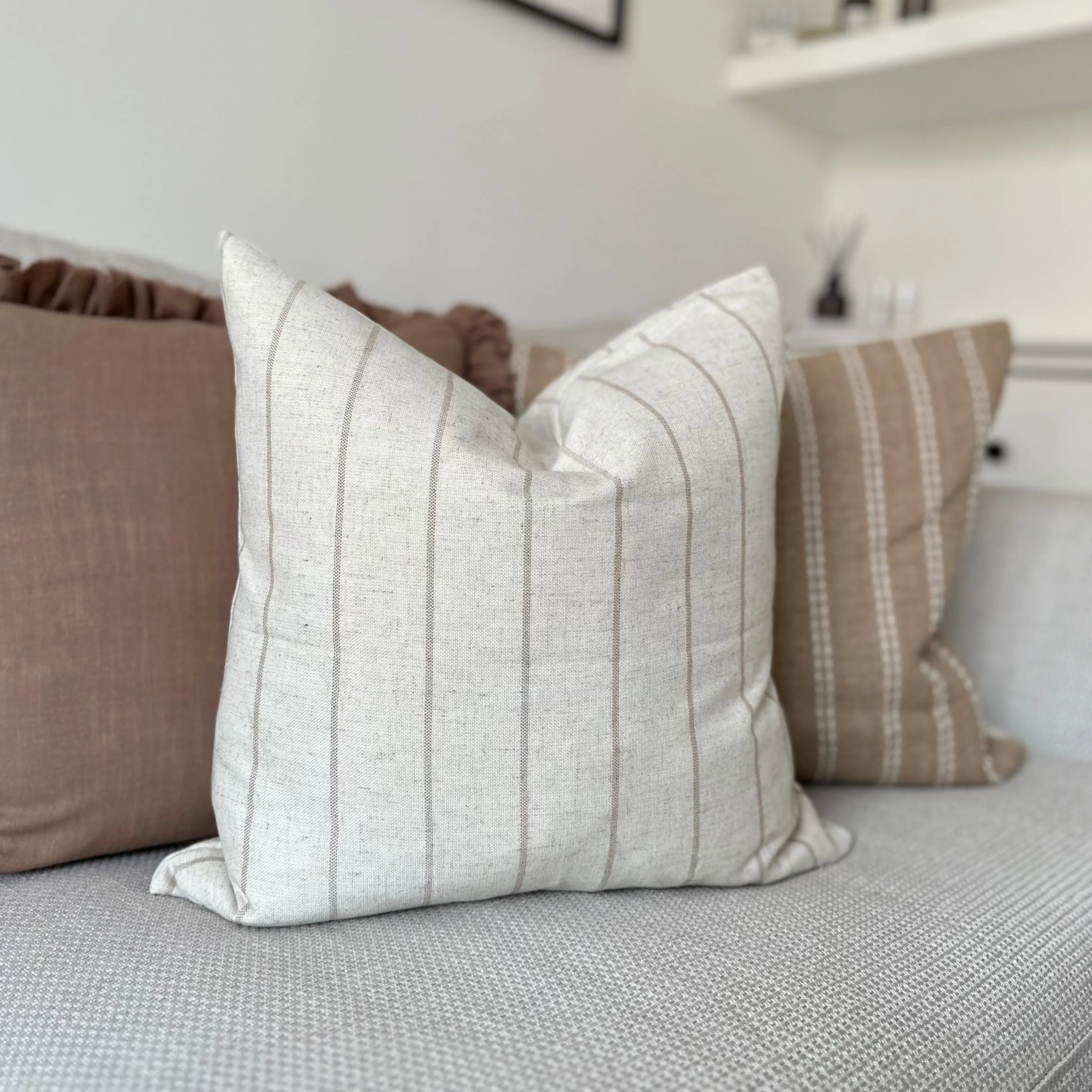 SQUARE NATURAL STONE AND BEIGE STRIPED LINEN CUSHION