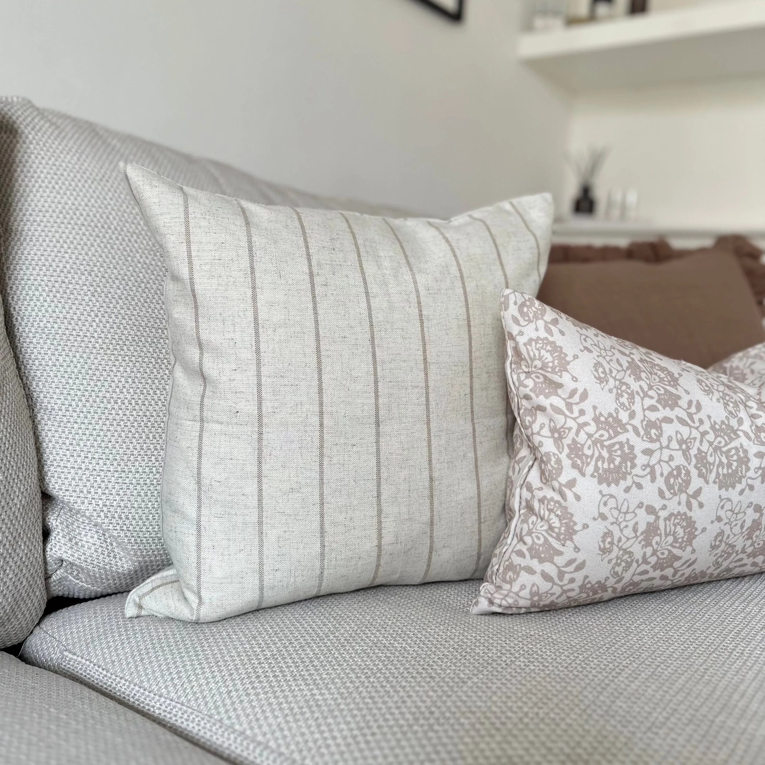 SQUARE NATURAL STONE AND BEIGE STRIPED LINEN CUSHION
