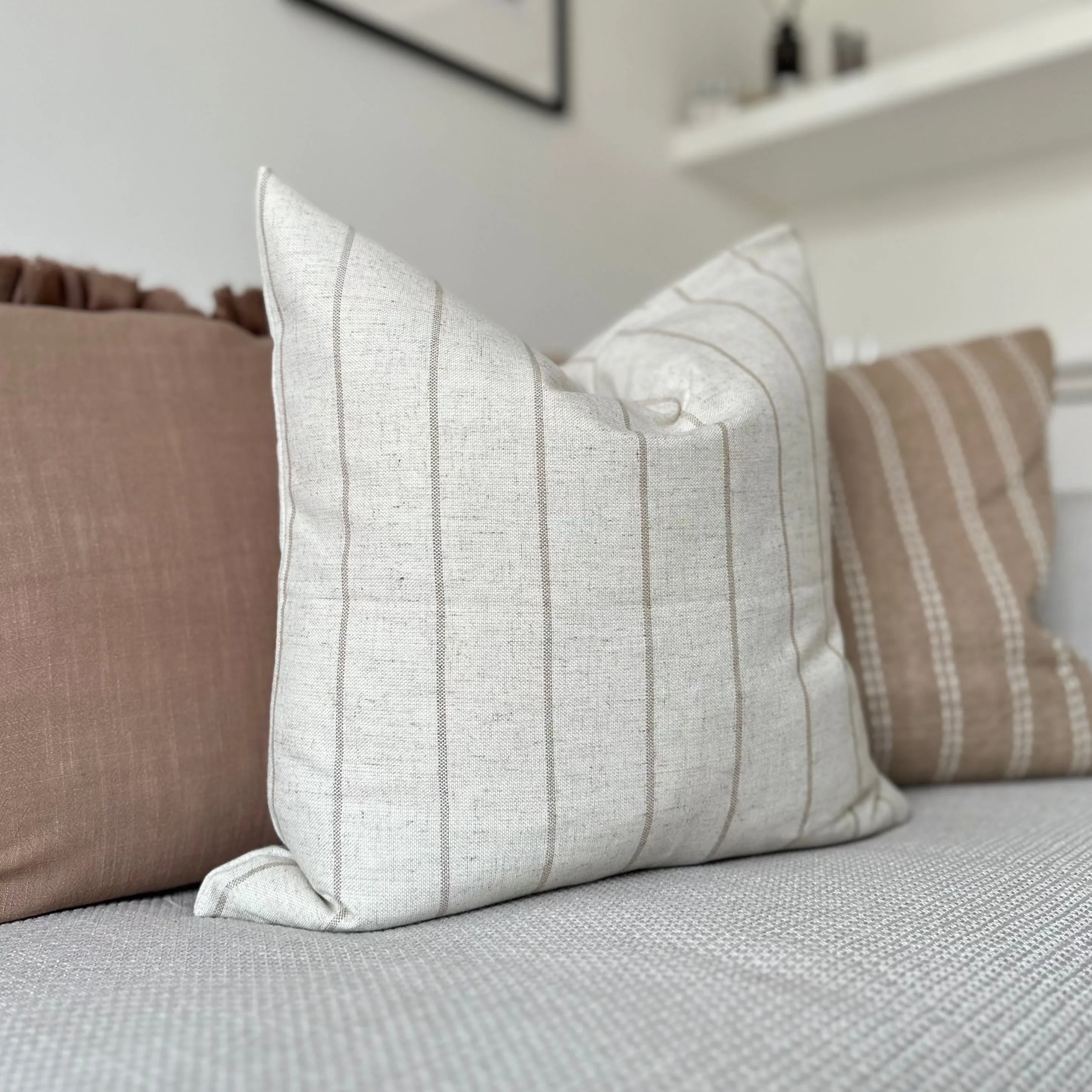 SQUARE NATURAL STONE AND BEIGE STRIPED LINEN CUSHION