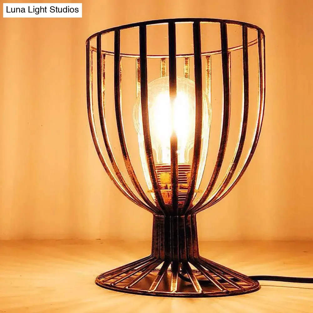Stylish Bronze/Black Farmhouse Table Lamp with Wrought Iron Wine Glass Cage Shade