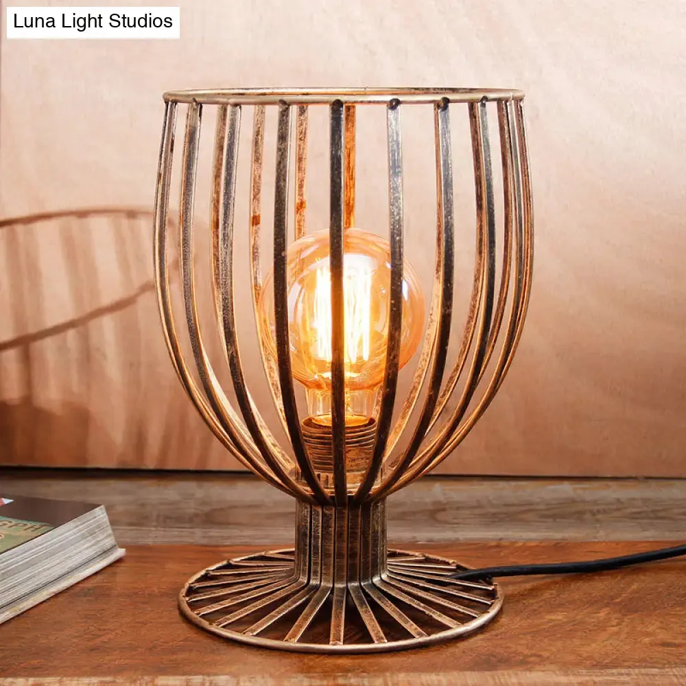 Stylish Bronze/Black Farmhouse Table Lamp with Wrought Iron Wine Glass Cage Shade