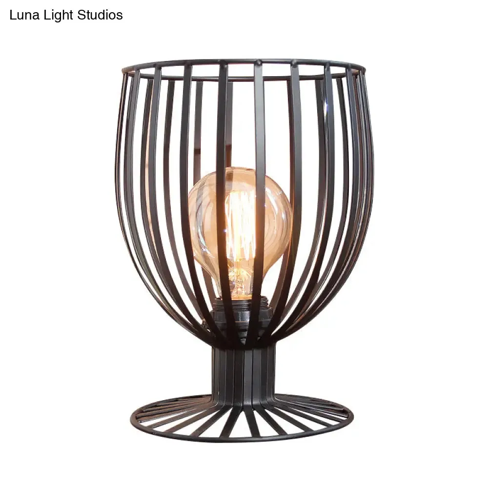 Stylish Bronze/Black Farmhouse Table Lamp with Wrought Iron Wine Glass Cage Shade
