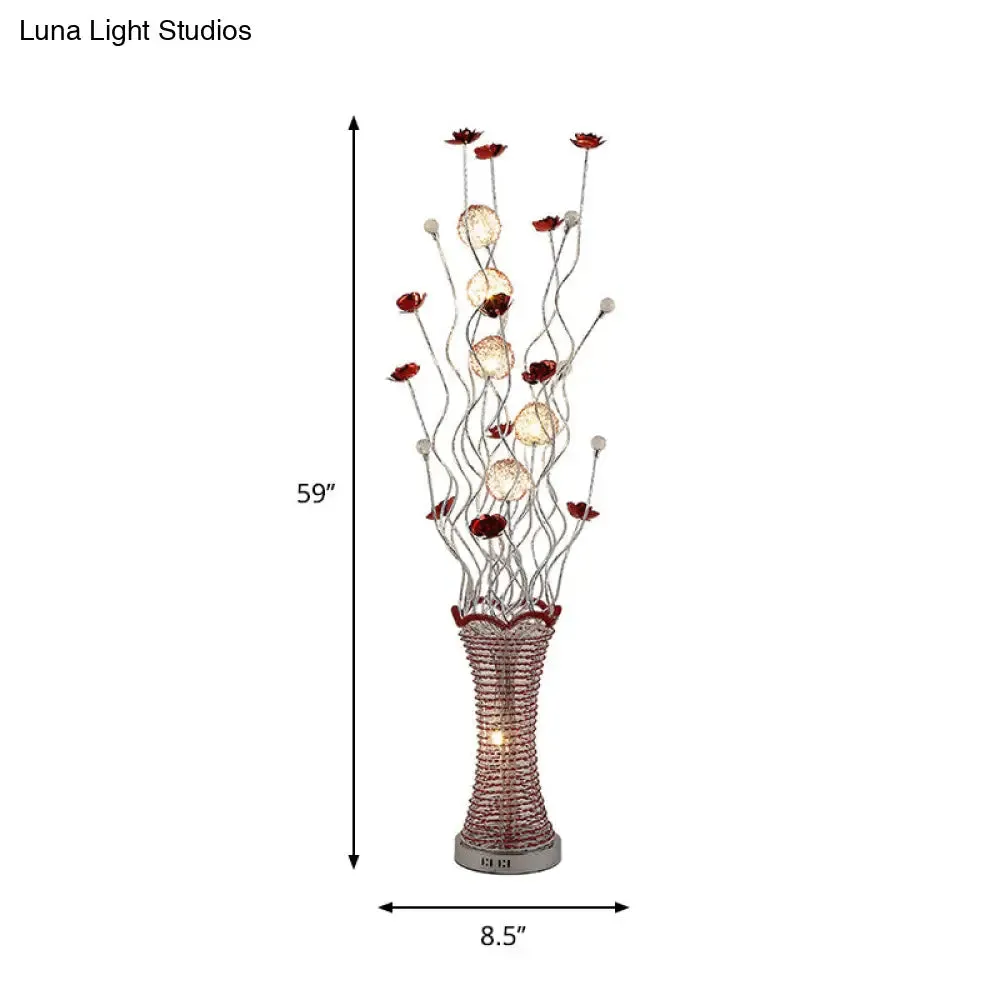 Stylish LED Vine Floor Lamp in Red - Pleated Vase Design - Aluminum Construction - Perfect for Reading - Decorative Lighting