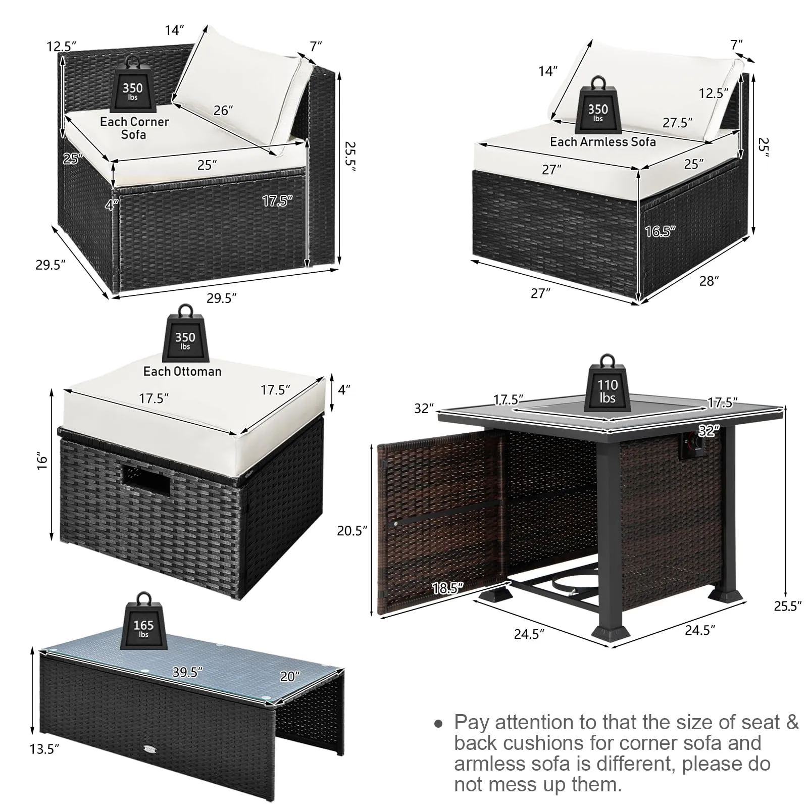 Tangkula 9 Pieces Patio Furniture Set with 32” Fire Pit Table, 50,000 BTU Square Propane Fire Pit