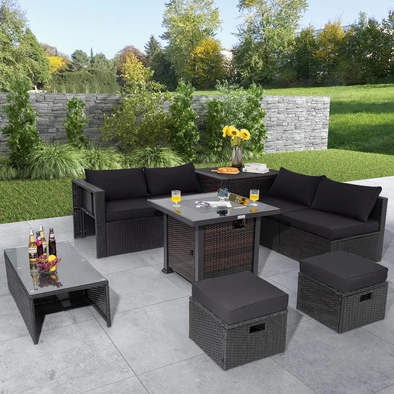 Tangkula 9 Pieces Patio Furniture Set with 32” Fire Pit Table, 50,000 BTU Square Propane Fire Pit