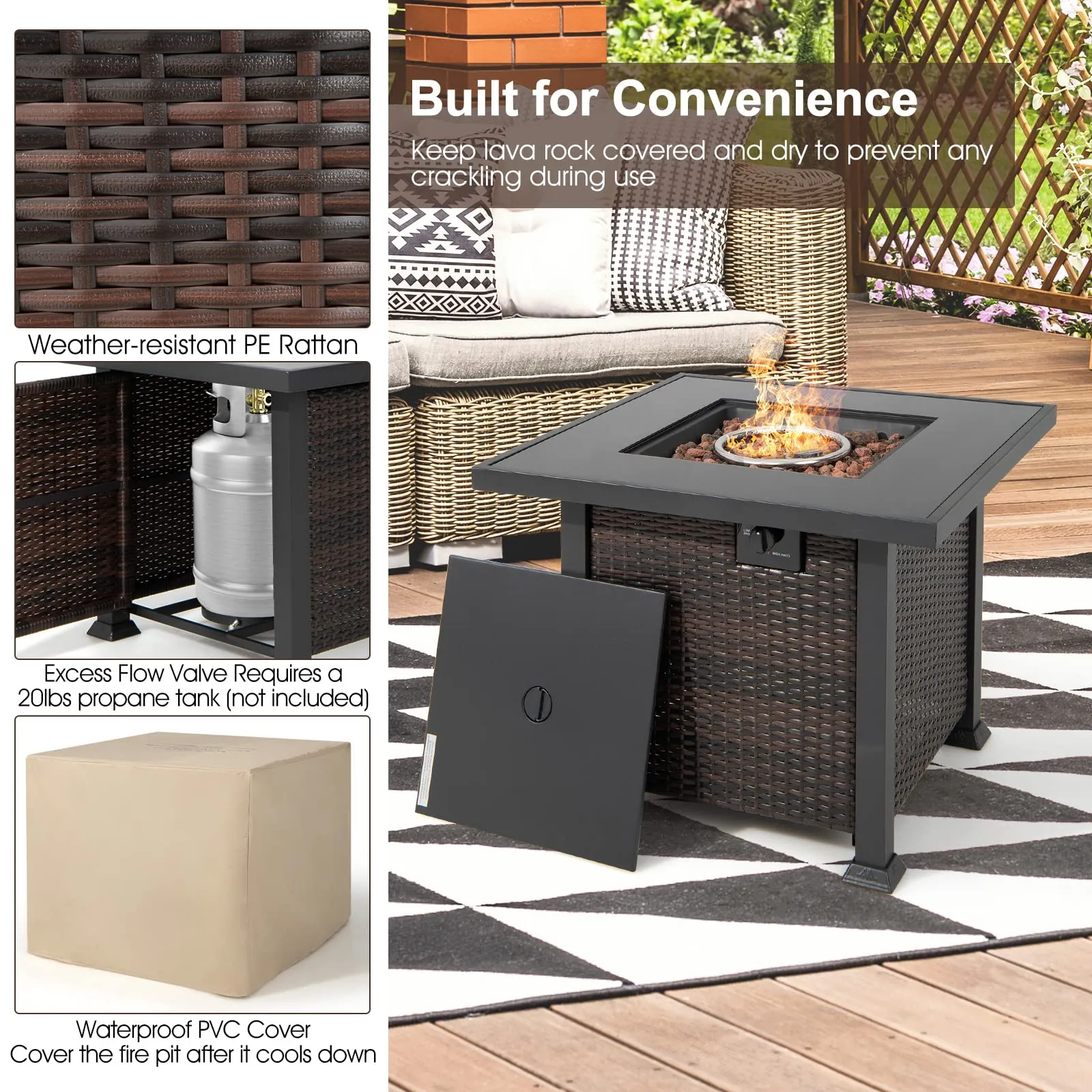 Tangkula 9 Pieces Patio Furniture Set with 32” Fire Pit Table, 50,000 BTU Square Propane Fire Pit