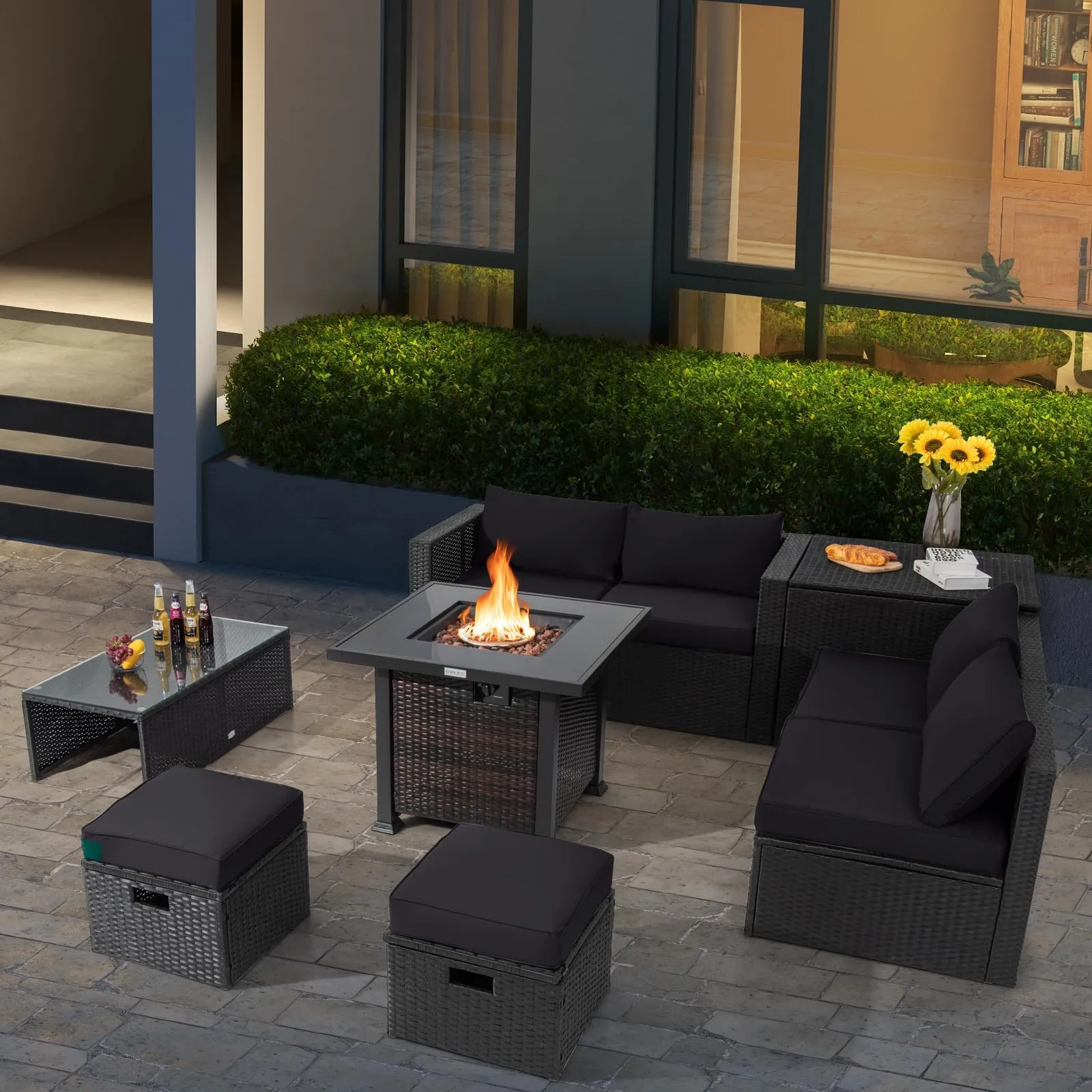 Tangkula 9 Pieces Patio Furniture Set with 32” Fire Pit Table, 50,000 BTU Square Propane Fire Pit