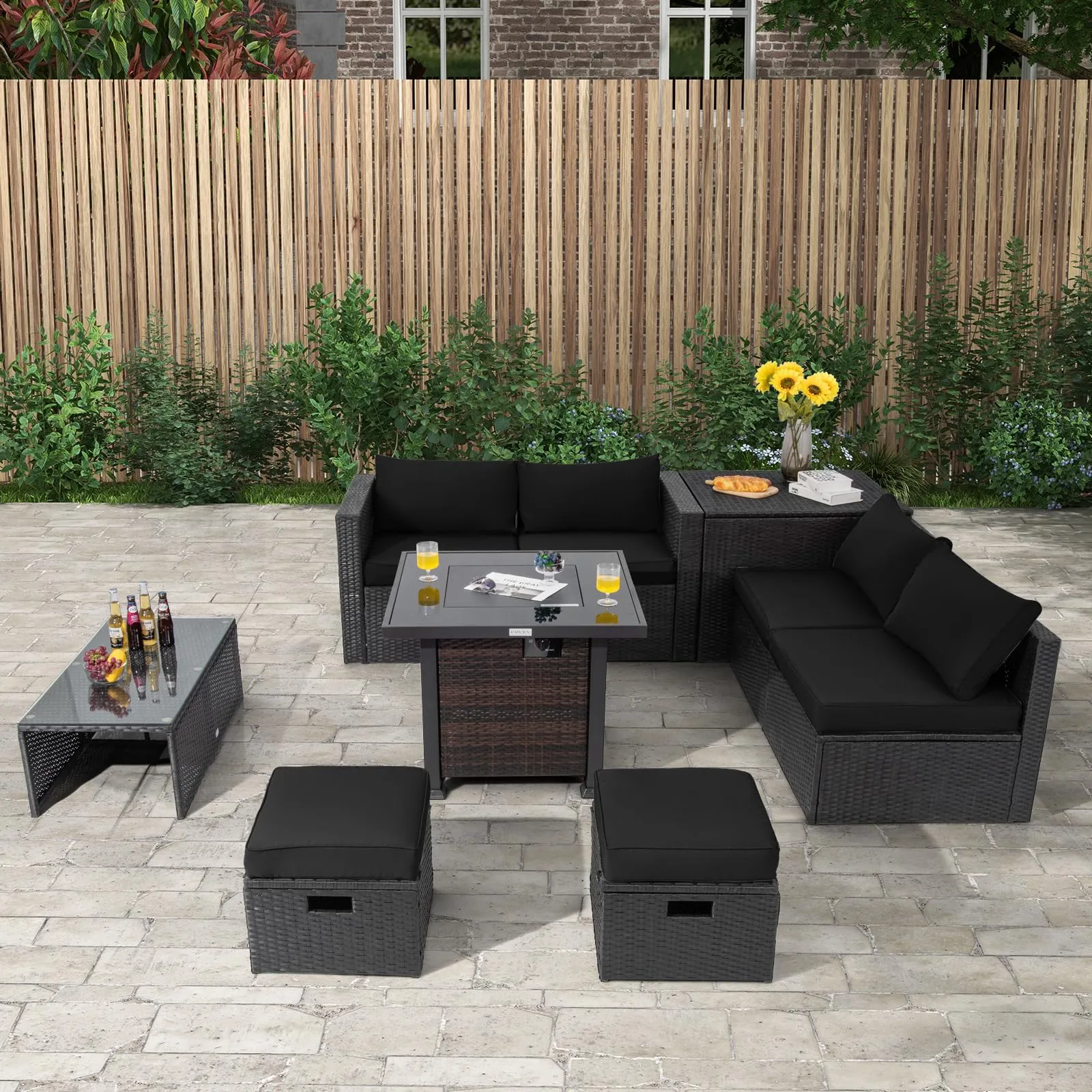 Tangkula 9 Pieces Patio Furniture Set with 32” Fire Pit Table, 50,000 BTU Square Propane Fire Pit