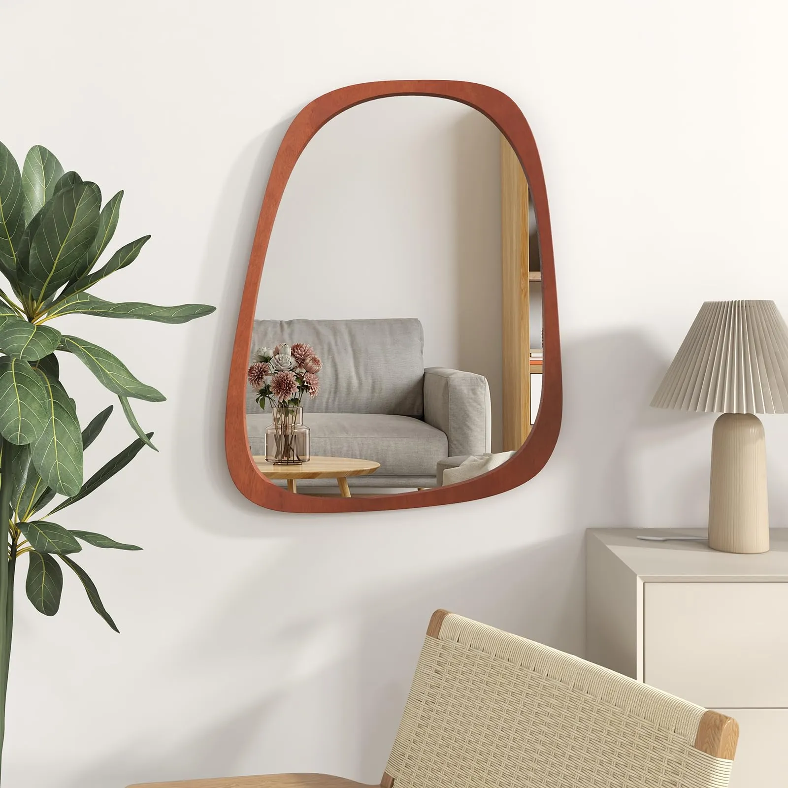 Tangkula Asymmetrical Abstract Irregular Shaped Mirror, 26.5" x 21" Irregular Wall Mirror with Rustic Frame