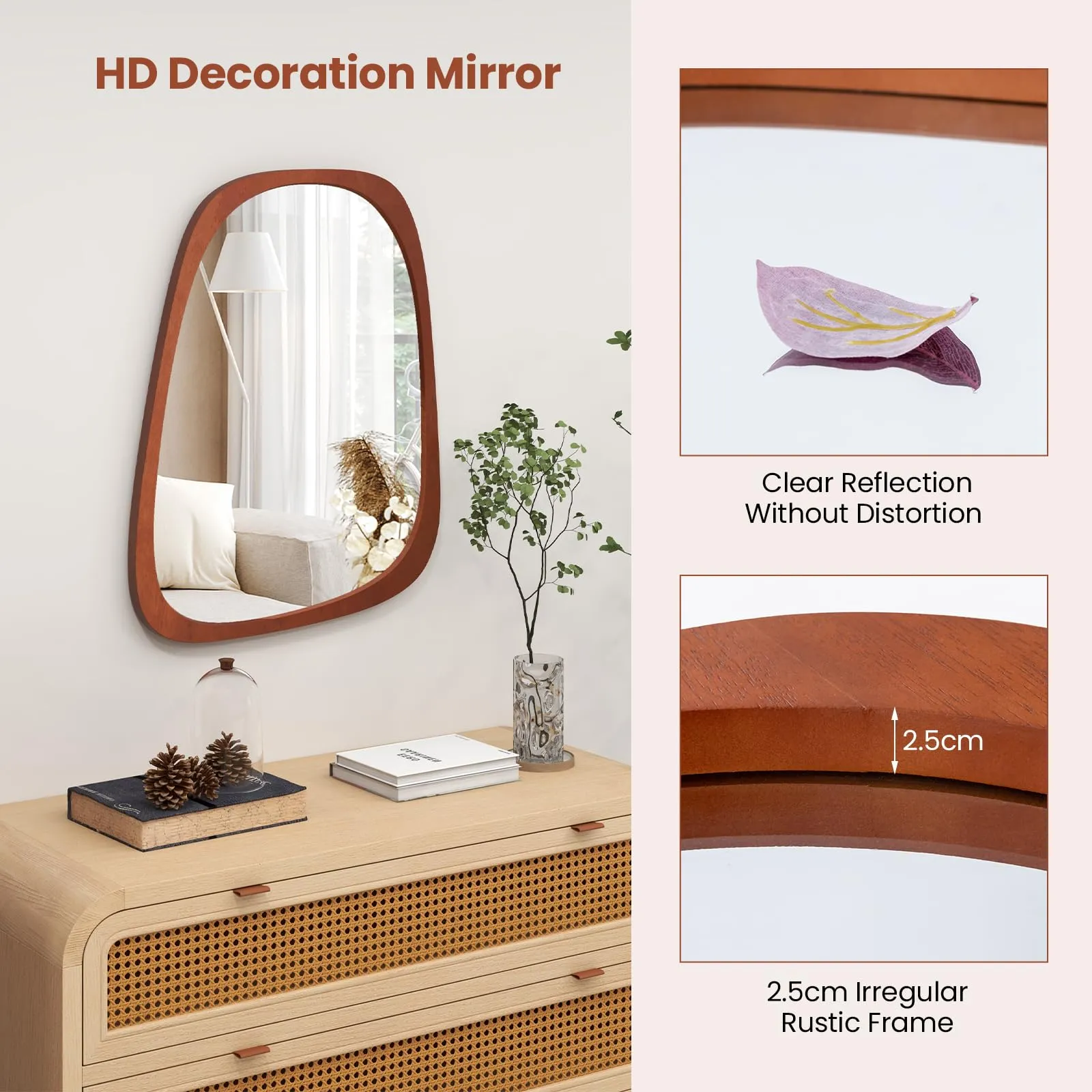 Tangkula Asymmetrical Abstract Irregular Shaped Mirror, 26.5" x 21" Irregular Wall Mirror with Rustic Frame
