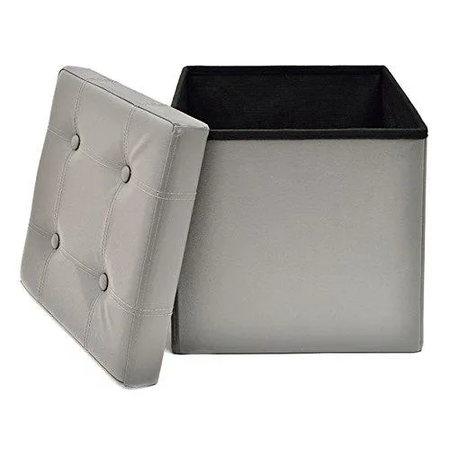 The FHE Group Tufted Folding Storage Ottoman, 15 by 15 by 15-Inch, Grey Faux Leather
